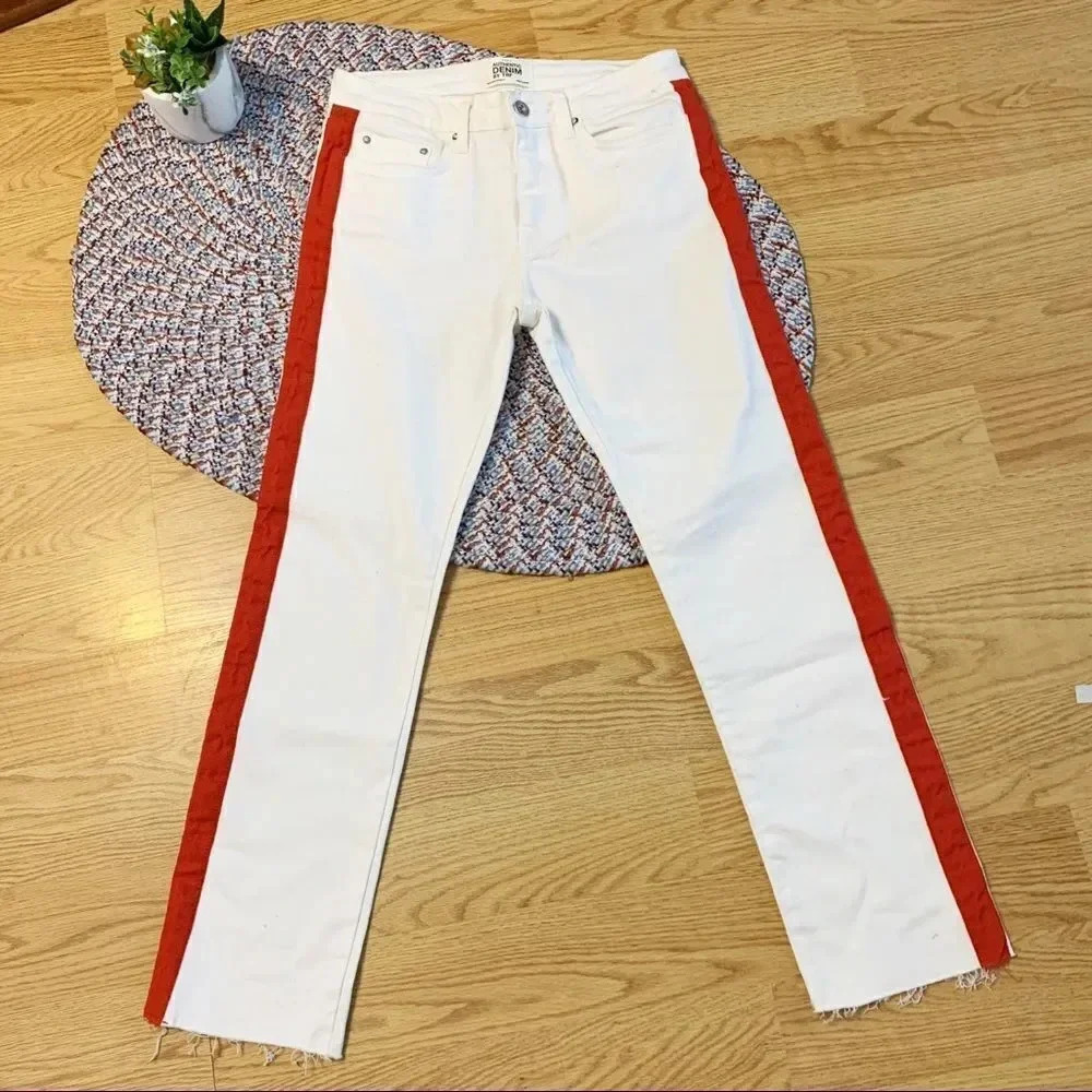 Zara mid rise shaped jeans with orange striped